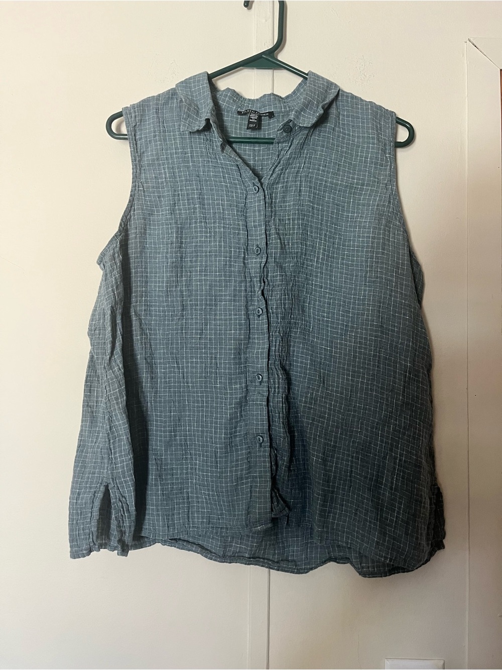 Eileen Fisher Grid Blue Women’s Puckered Organic Linen Sleeveless Button Down - Picture 3 of 8
